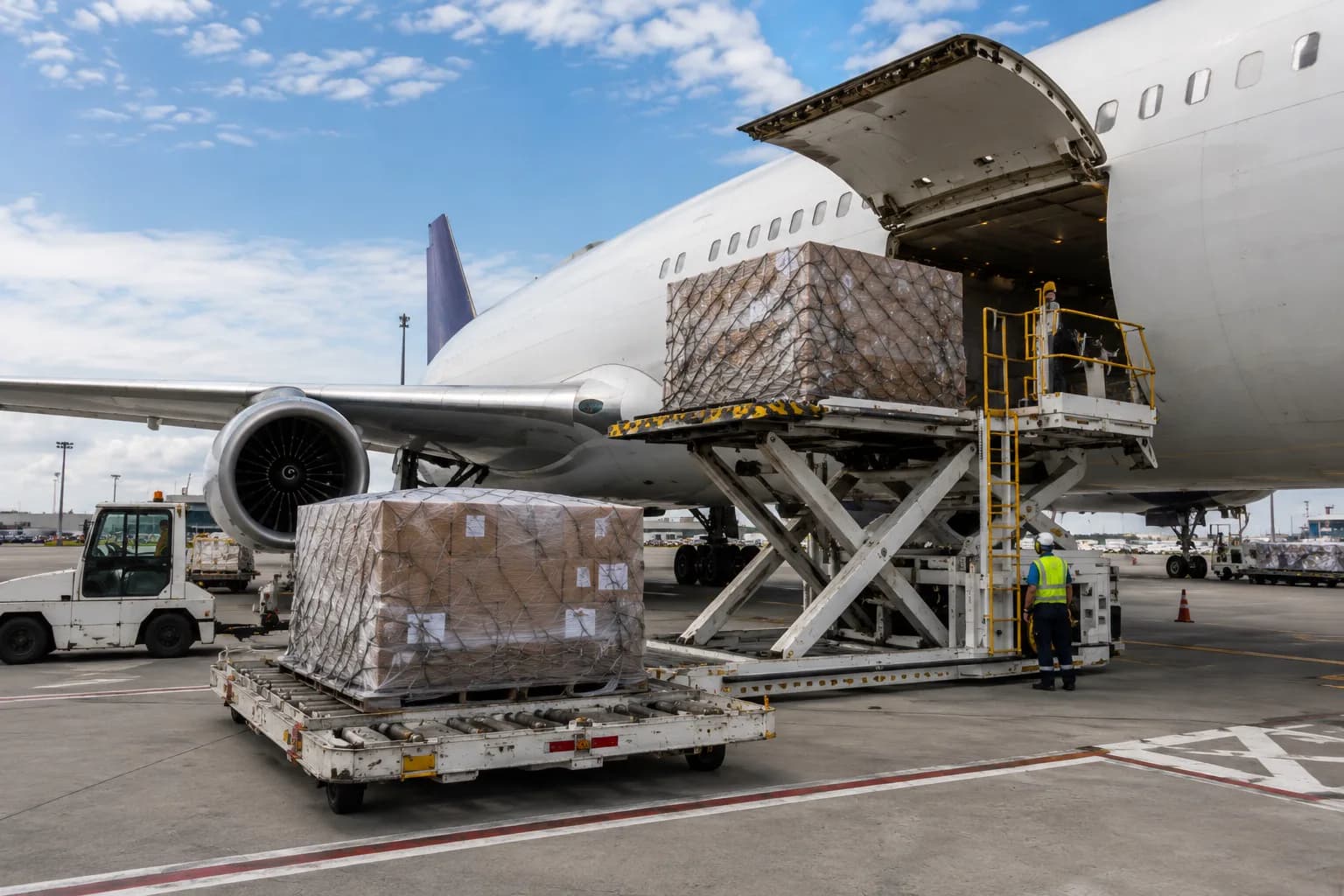 Palletised cargo being loaded onto a freighter aircraft for international shipping