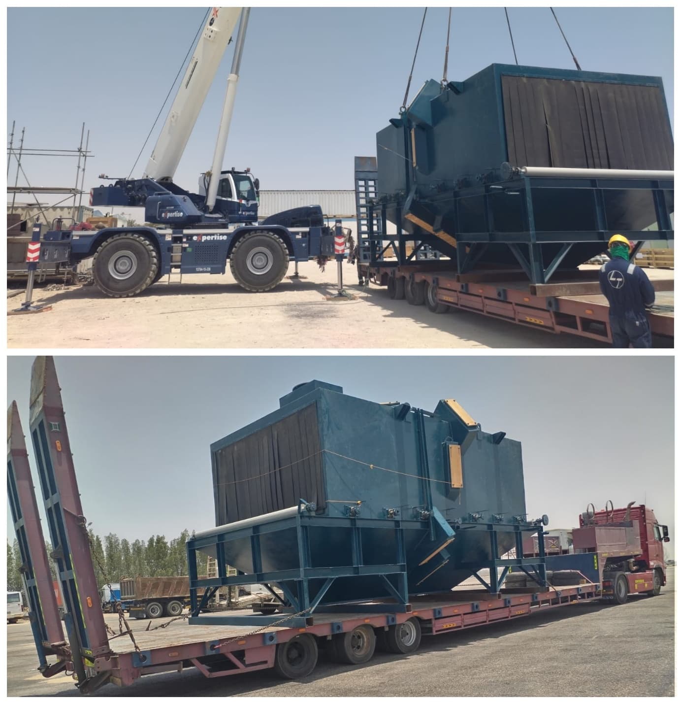 Large industrial cooling unit being lifted by a mobile crane