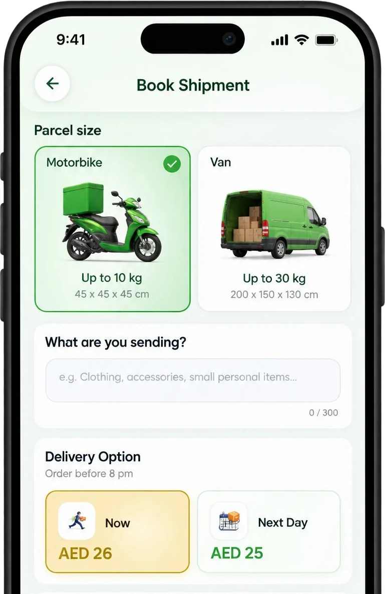 Book Shipment screen in the Zajel app with motorbike or van, item details and delivery options