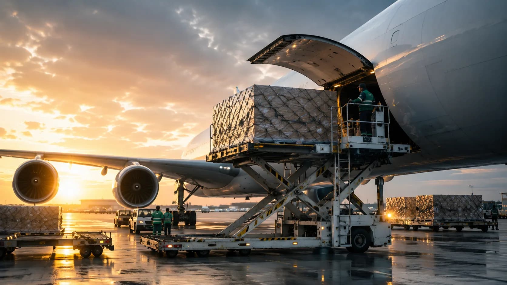 Cargo being loaded onto an air freight aircraft